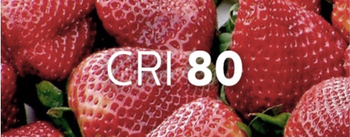 Taça de morangos que ilustra a intensidade da cor sob a iluminação de IRC de 80