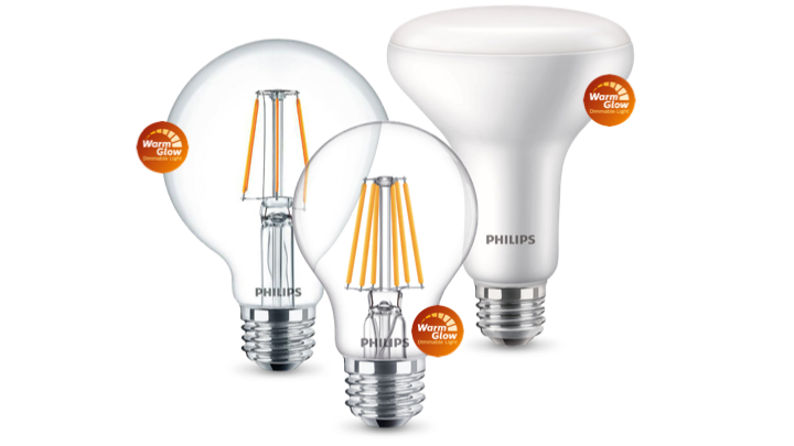 Família de produtos das lâmpadas LED WarmGlow da Philips com etiquetas WarmGlow