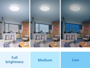 Efeitos de luz numa divisão de uma lâmpada LED SceneSwitch da Philips com diferentes definições de brilho